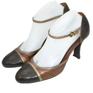 Cole Haan Copper Rust Foil Brown Color Block Ankle Strap Leather Cap Toe Heels 9